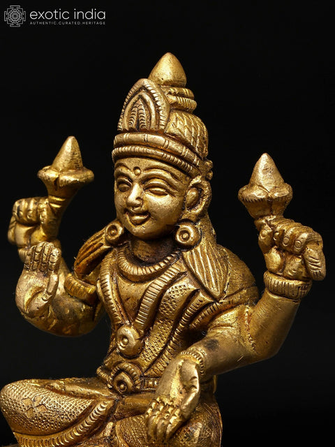 4" Sitting Four Armed Blessing Goddess Lakshmi | Brass Statue