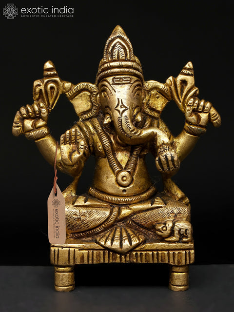 4" Chaturbhuja Lord Ganesha | Brass Idol | Made In India