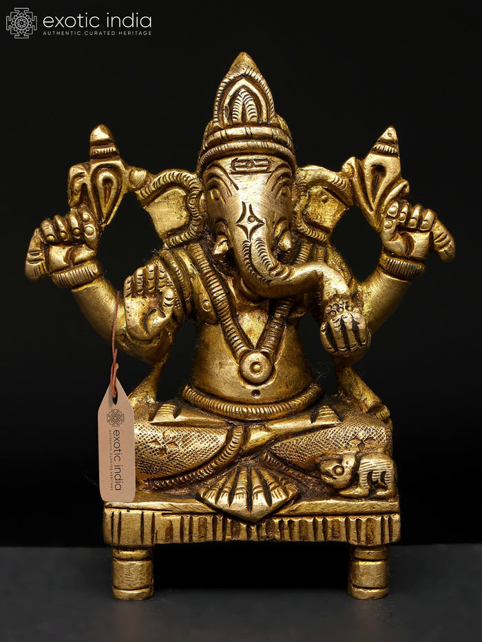 4" Chaturbhuja Lord Ganesha Handmade Brass Idol
