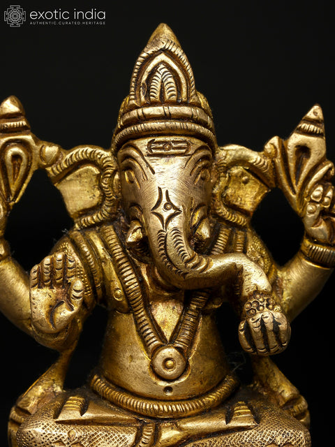 4" Chaturbhuja Lord Ganesha | Brass Idol | Made In India