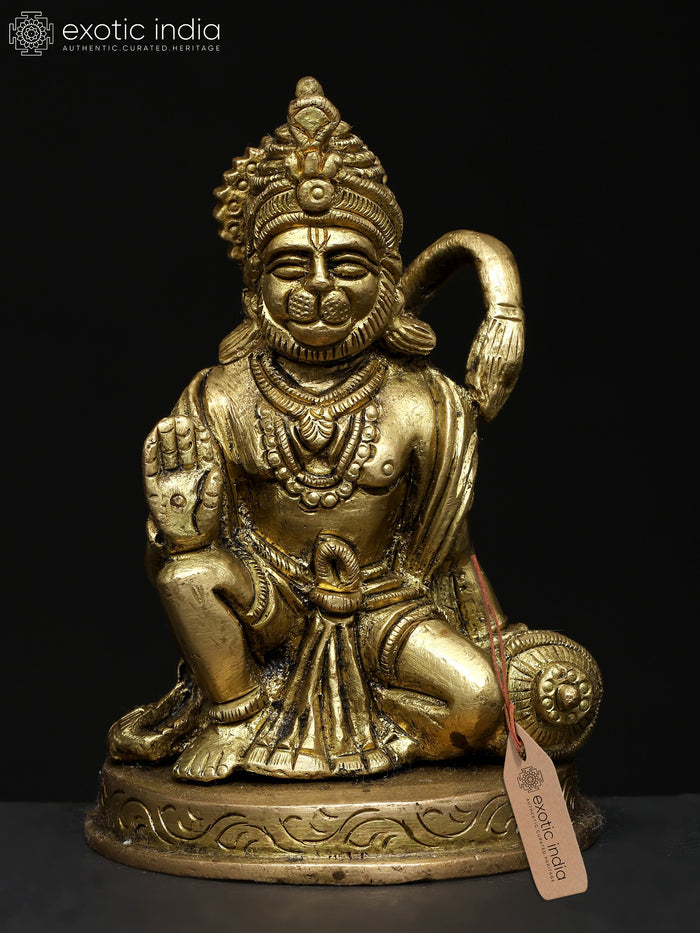 4" Small Sitting Lord Hanuman Brass Statue in Blessing Gesture