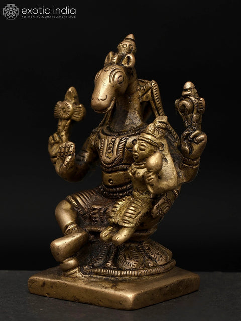 3" Small Sitting Lord Hayagriva with Devi Lakshmi | Brass Statue
