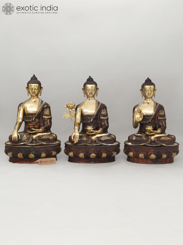 33" Large Set of Three Buddha - Buddha in Bhumisparsha Mudra, Medicine Buddha and Buddha in Vitark Mudra | Brass Statues