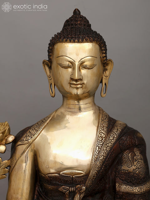 33" Large Set of Three Buddha - Buddha in Bhumisparsha Mudra, Medicine Buddha and Buddha in Vitark Mudra | Brass Statues