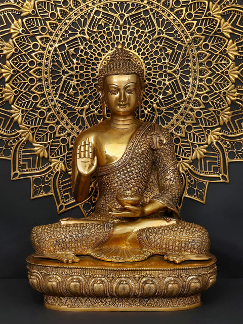 Lord Buddha in Blessing Gesture (Abhaya Mudra) with Mandala Backdrop | Brass Statue