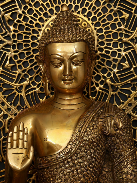 Lord Buddha in Blessing Gesture (Abhaya Mudra) with Mandala Backdrop | Brass Statue