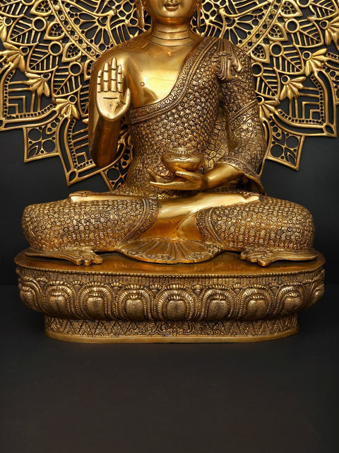 Lord Buddha in Blessing Gesture (Abhaya Mudra) with Mandala Backdrop | Brass Statue