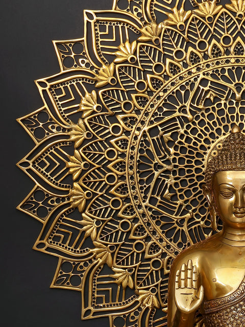 Lord Buddha in Blessing Gesture (Abhaya Mudra) with Mandala Backdrop | Brass Statue