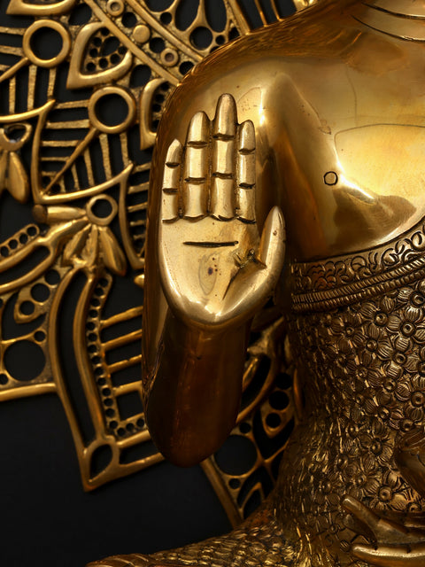 Lord Buddha in Blessing Gesture (Abhaya Mudra) with Mandala Backdrop | Brass Statue