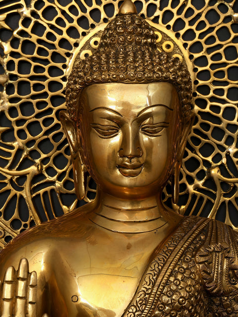 Lord Buddha in Blessing Gesture (Abhaya Mudra) with Mandala Backdrop | Brass Statue