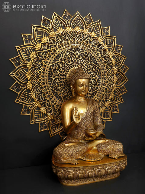 Lord Buddha in Blessing Gesture (Abhaya Mudra) with Mandala Backdrop | Brass Statue
