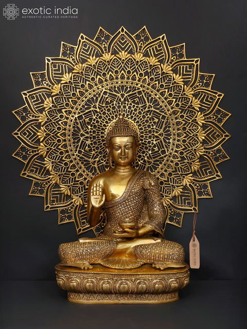 Lord Buddha in Blessing Gesture (Abhaya Mudra) with Mandala Backdrop | Brass Statue