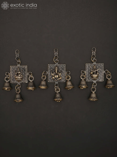 6" Brass Lakshmi Ganesha Saraswati Wall Hanging Bells for Home Pooja