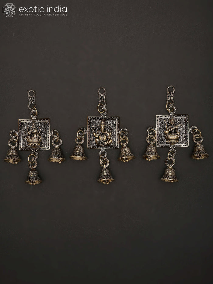 6" Brass Lakshmi Ganesha Saraswati Wall Hanging Bells for Home Pooja