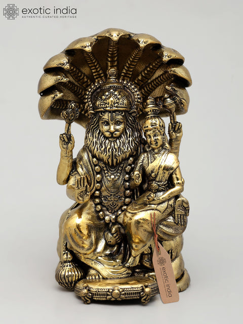 4" Small Superfine Sitting Lord Narasimha with Devi Laksmi | Brass Statue