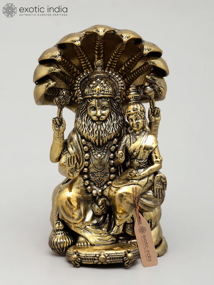 4" Sitting Lord Narasimha with Devi Lakshmi Brass Statue for Pooja