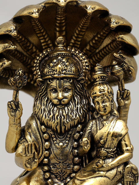 4" Small Superfine Sitting Lord Narasimha with Devi Laksmi | Brass Statue