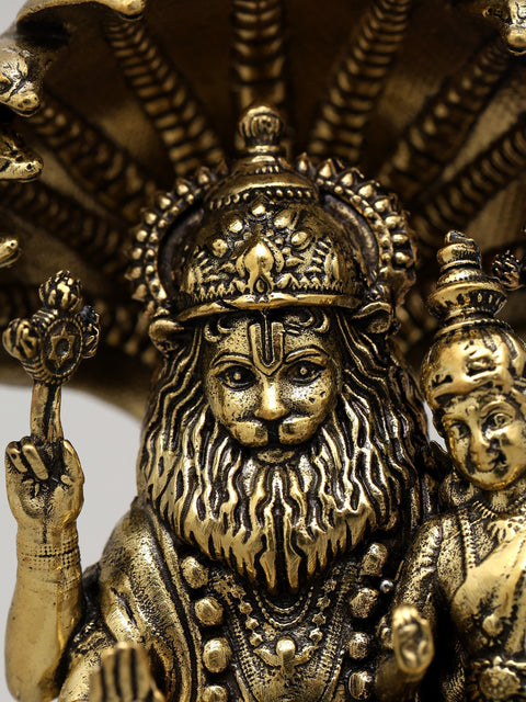 4" Small Superfine Sitting Lord Narasimha with Devi Laksmi | Brass Statue