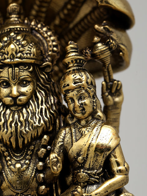 4" Small Superfine Sitting Lord Narasimha with Devi Laksmi | Brass Statue