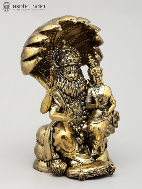 4" Small Superfine Sitting Lord Narasimha with Devi Laksmi | Brass Statue