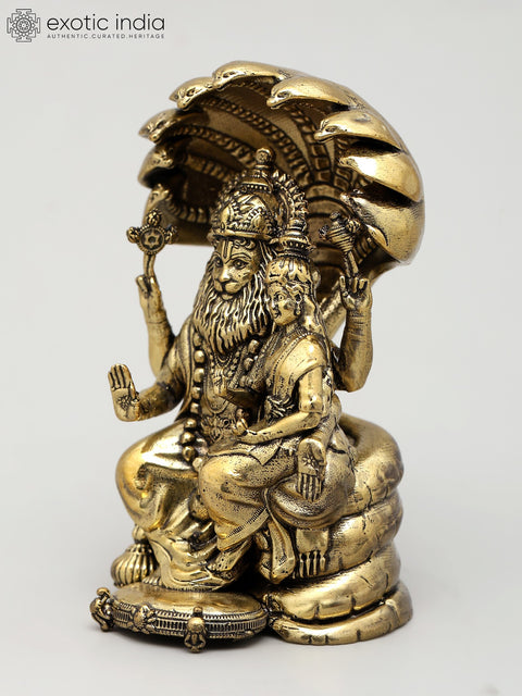 4" Small Superfine Sitting Lord Narasimha with Devi Laksmi | Brass Statue