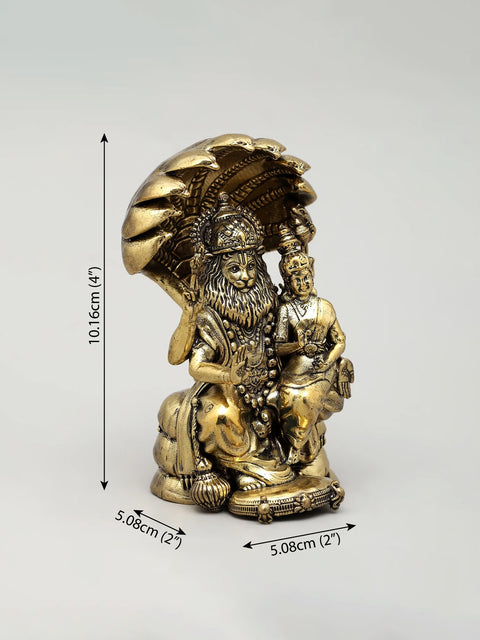 4" Small Superfine Sitting Lord Narasimha with Devi Laksmi | Brass Statue