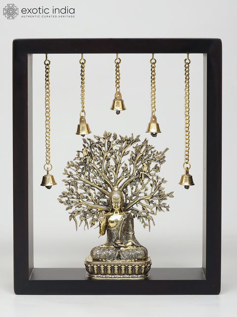 11" Superfine Sitting Blessing Lord Buddha with Bodhi Tree | Wood Framed Brass Sculpture | Wall Hanging