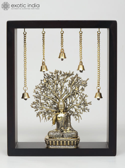 11" Handmade Brass Buddha Statue with Bodhi Tree Wall Hanging