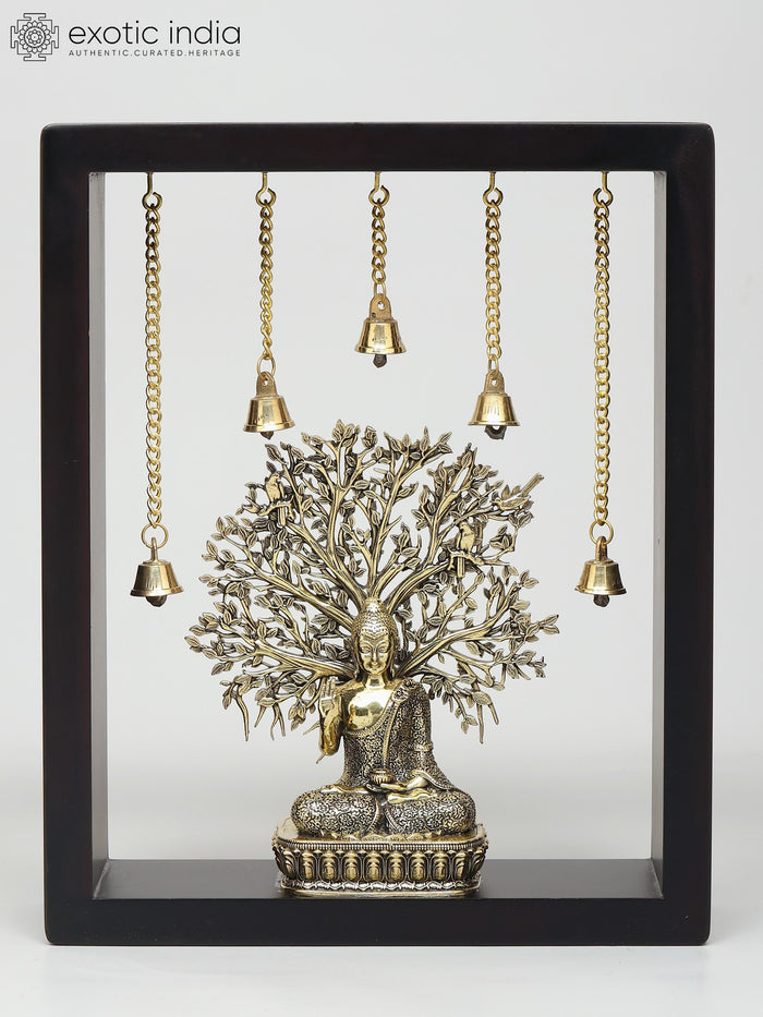 11" Handmade Brass Buddha Statue with Bodhi Tree Wall Hanging