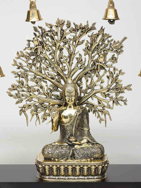11" Superfine Sitting Blessing Lord Buddha with Bodhi Tree | Wood Framed Brass Sculpture | Wall Hanging