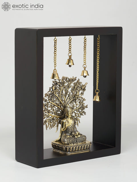 11" Superfine Sitting Blessing Lord Buddha with Bodhi Tree | Wood Framed Brass Sculpture | Wall Hanging