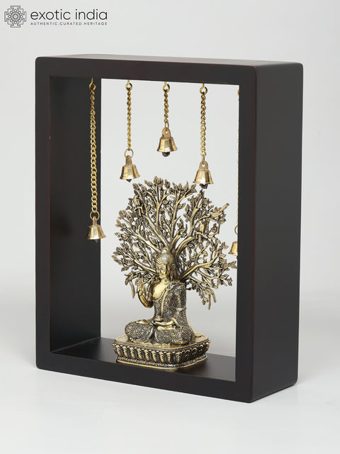 11" Superfine Sitting Blessing Lord Buddha with Bodhi Tree | Wood Framed Brass Sculpture | Wall Hanging
