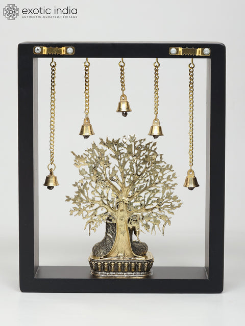 11" Superfine Sitting Blessing Lord Buddha with Bodhi Tree | Wood Framed Brass Sculpture | Wall Hanging