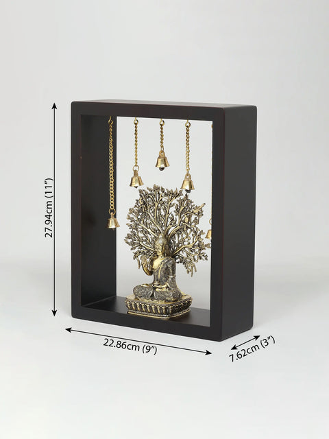 11" Superfine Sitting Blessing Lord Buddha with Bodhi Tree | Wood Framed Brass Sculpture | Wall Hanging
