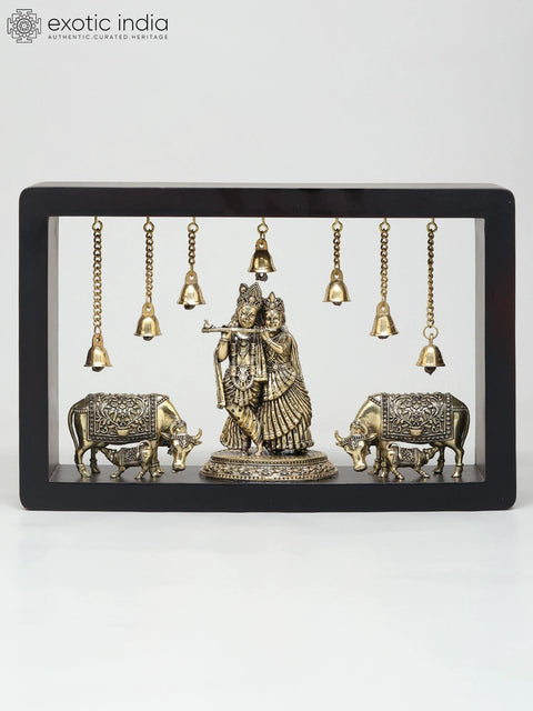 12" Wood Framed Superfine Fluting Radha Krishna with Cow and Calf in Brass | Wall Hanging