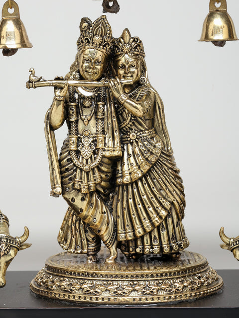 12" Wood Framed Superfine Fluting Radha Krishna with Cow and Calf in Brass | Wall Hanging