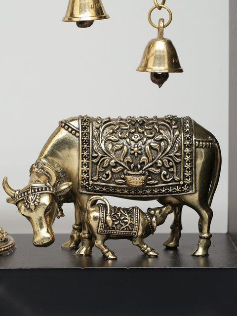 12" Wood Framed Superfine Fluting Radha Krishna with Cow and Calf in Brass | Wall Hanging