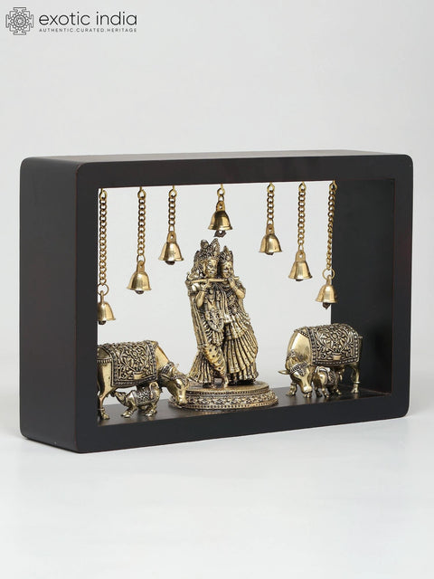 12" Wood Framed Superfine Fluting Radha Krishna with Cow and Calf in Brass | Wall Hanging