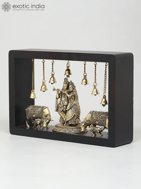 12" Wood Framed Superfine Fluting Radha Krishna with Cow and Calf in Brass | Wall Hanging