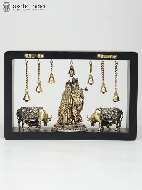 12" Wood Framed Superfine Fluting Radha Krishna with Cow and Calf in Brass | Wall Hanging