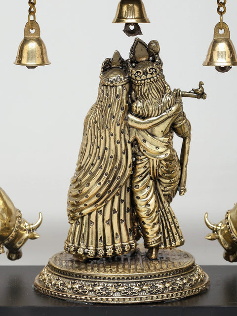 12" Wood Framed Superfine Fluting Radha Krishna with Cow and Calf in Brass | Wall Hanging