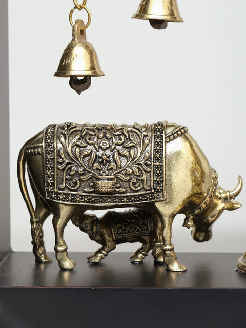 12" Wood Framed Superfine Fluting Radha Krishna with Cow and Calf in Brass | Wall Hanging