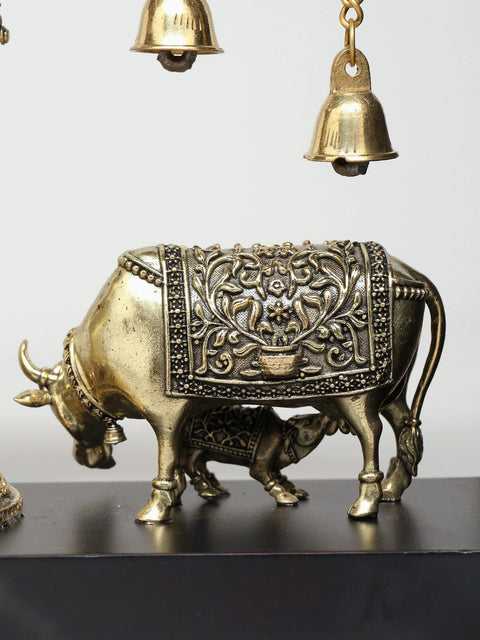 12" Wood Framed Superfine Fluting Radha Krishna with Cow and Calf in Brass | Wall Hanging