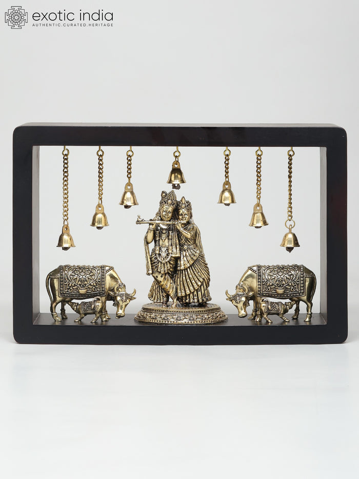 12" Brass Radha Krishna with Cow and Calf Wood Framed Wall Hanging