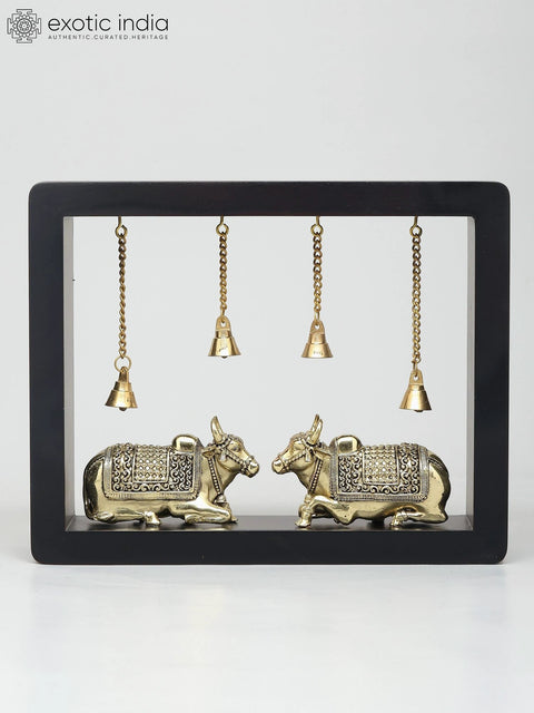 10" Superfine Two Nandi with Dangling Bells | Wood Framed Brass Sculptures | Wall Hanging