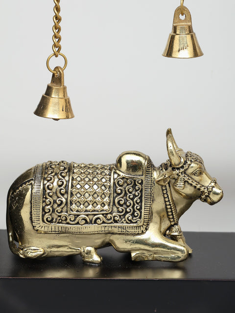 10" Superfine Two Nandi with Dangling Bells | Wood Framed Brass Sculptures | Wall Hanging
