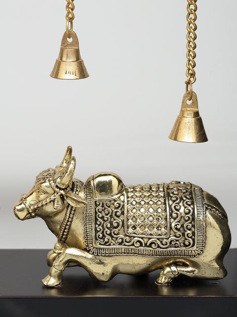 10" Superfine Two Nandi with Dangling Bells | Wood Framed Brass Sculptures | Wall Hanging