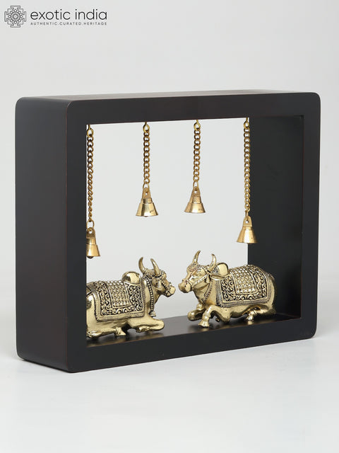 10" Superfine Two Nandi with Dangling Bells | Wood Framed Brass Sculptures | Wall Hanging