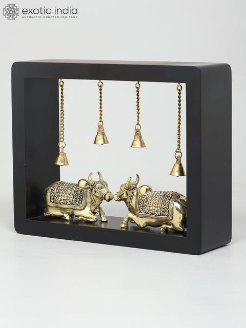 10" Superfine Two Nandi with Dangling Bells | Wood Framed Brass Sculptures | Wall Hanging