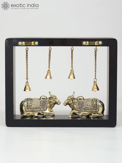 10" Superfine Two Nandi with Dangling Bells | Wood Framed Brass Sculptures | Wall Hanging